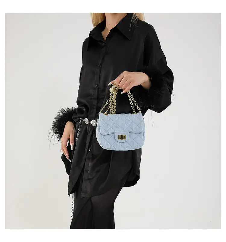 Light Blue Quilted Shoulder Crossbody Bag with Gold Chain — feature 11