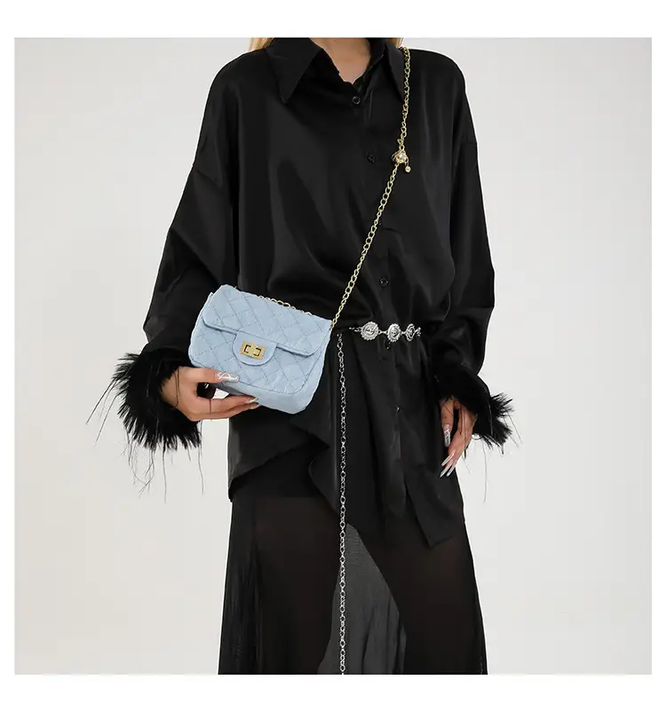 Light Blue Quilted Shoulder Crossbody Bag with Gold Chain — feature 13