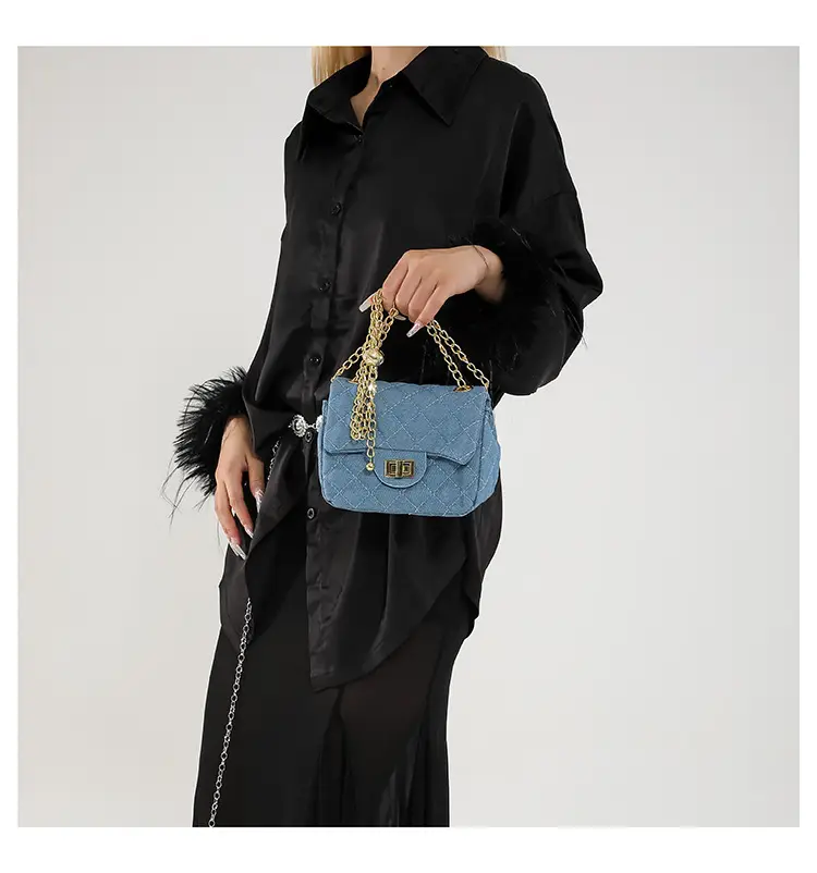 Light Blue Quilted Shoulder Crossbody Bag with Gold Chain — feature 14