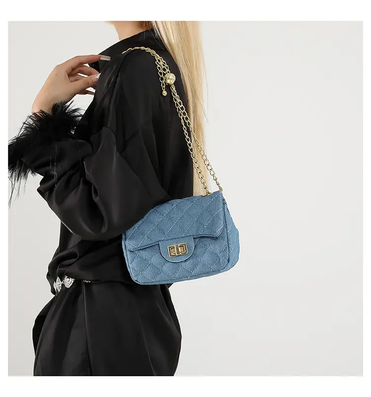 Light Blue Quilted Shoulder Crossbody Bag with Gold Chain — feature 15