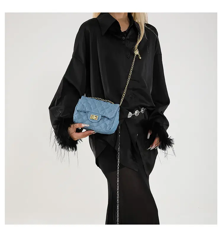 Light Blue Quilted Shoulder Crossbody Bag with Gold Chain — feature 16
