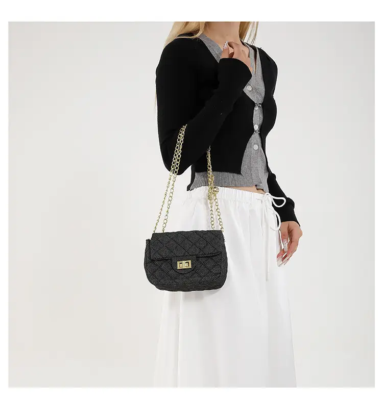 Light Blue Quilted Shoulder Crossbody Bag with Gold Chain — feature 18