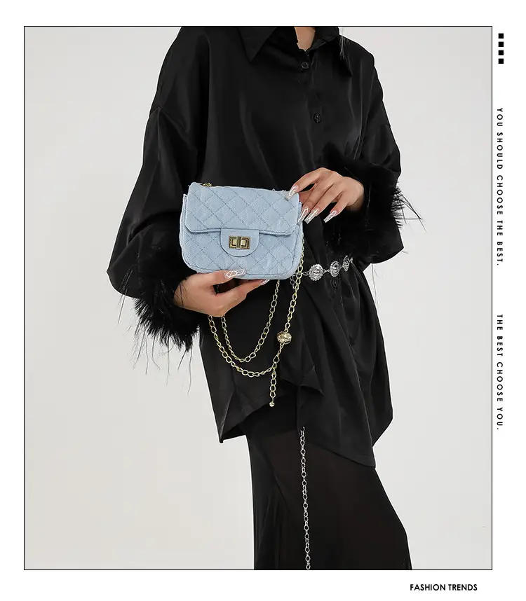Light Blue Quilted Shoulder Crossbody Bag with Gold Chain — feature 2