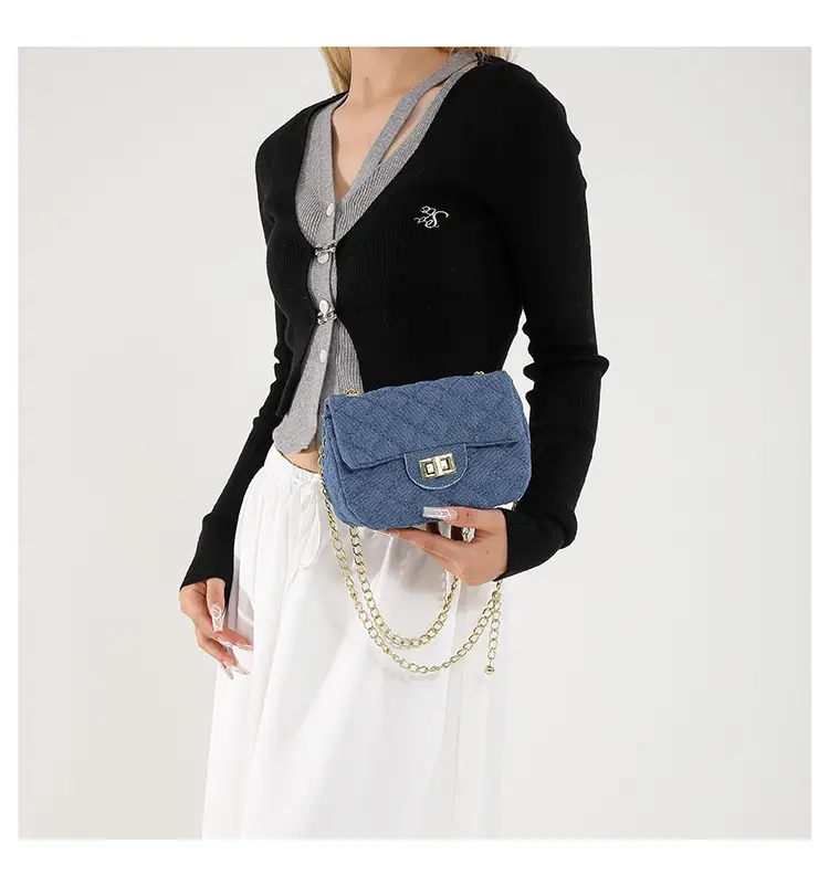 Light Blue Quilted Shoulder Crossbody Bag with Gold Chain — feature 20