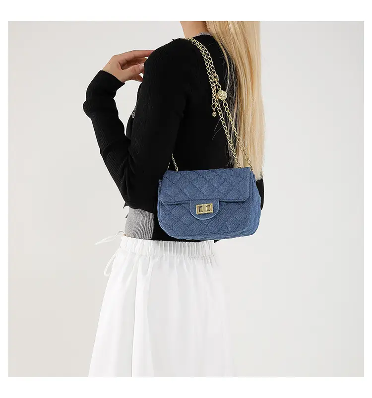 Light Blue Quilted Shoulder Crossbody Bag with Gold Chain — feature 21