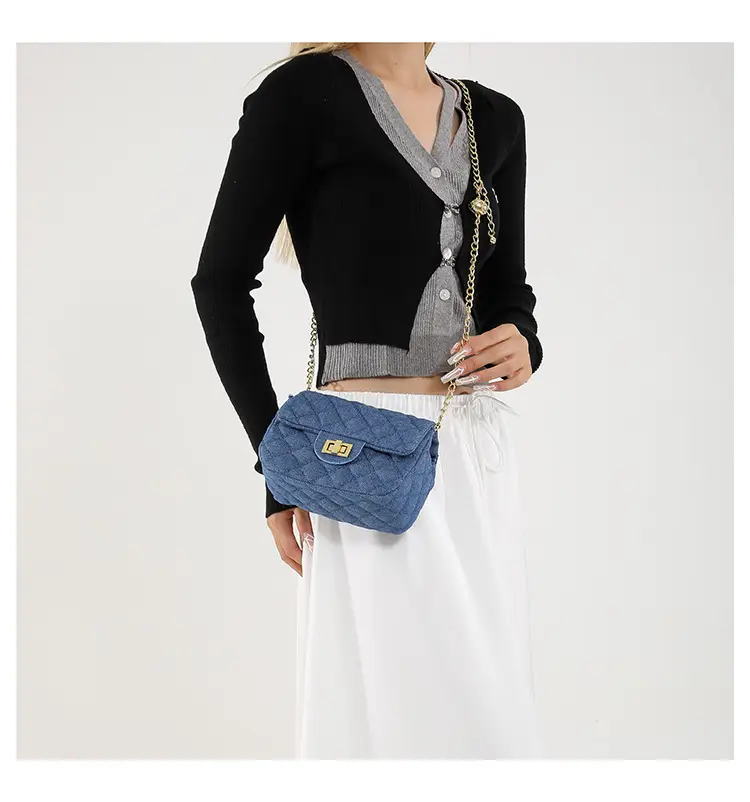 Light Blue Quilted Shoulder Crossbody Bag with Gold Chain — feature 22