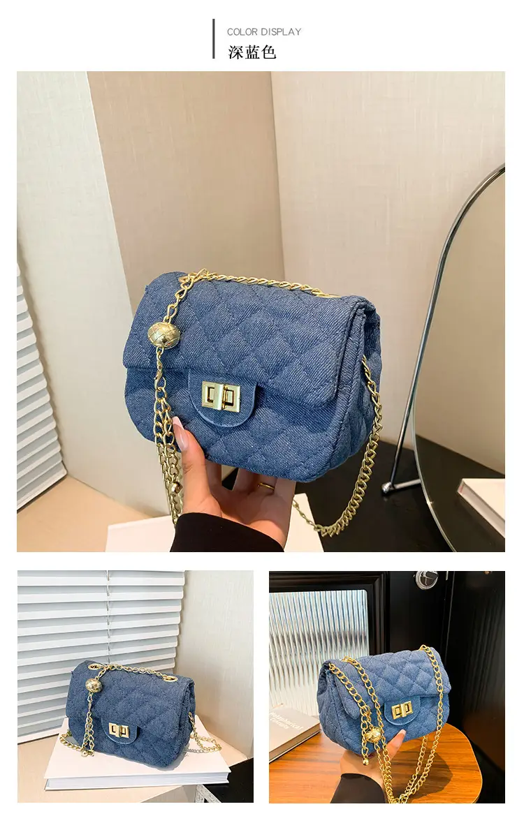 Light Blue Quilted Shoulder Crossbody Bag with Gold Chain — feature 25
