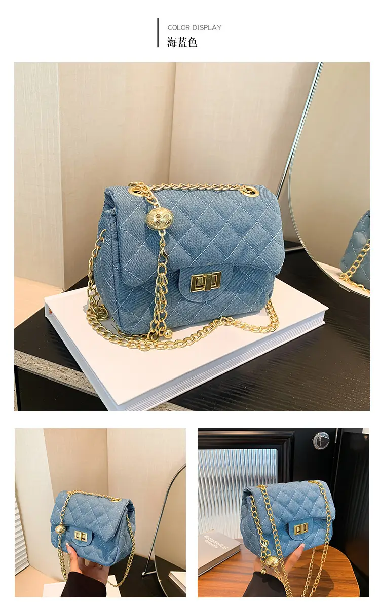 Light Blue Quilted Shoulder Crossbody Bag with Gold Chain — feature 26