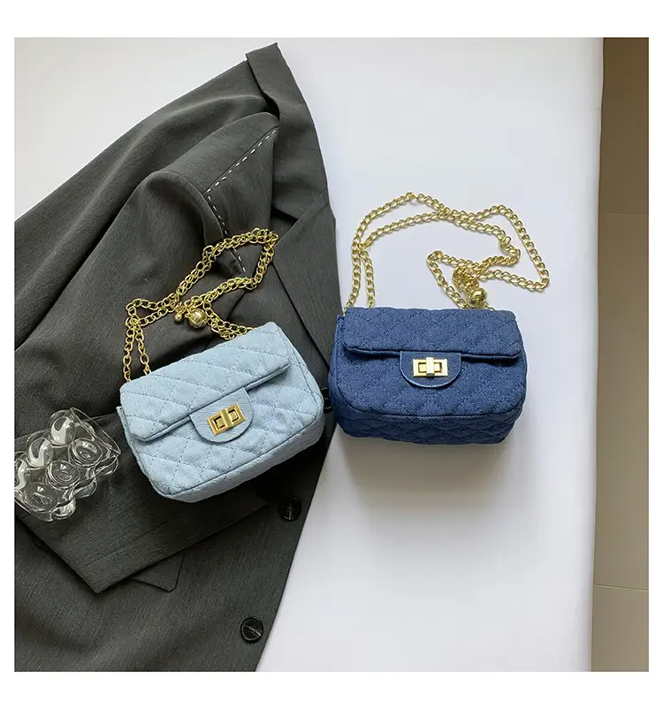 Light Blue Quilted Shoulder Crossbody Bag with Gold Chain — feature 27