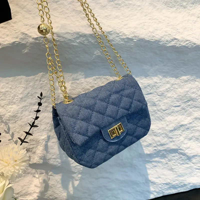 Light Blue Quilted Shoulder Crossbody Bag with Gold Chain - Image 2
