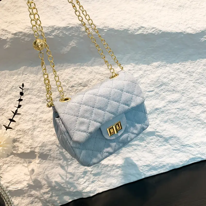 Light Blue Quilted Shoulder Crossbody Bag with Gold Chain - Image 3
