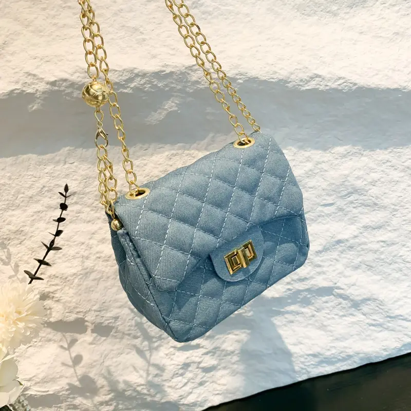 Light Blue Quilted Shoulder Crossbody Bag with Gold Chain - Image 4