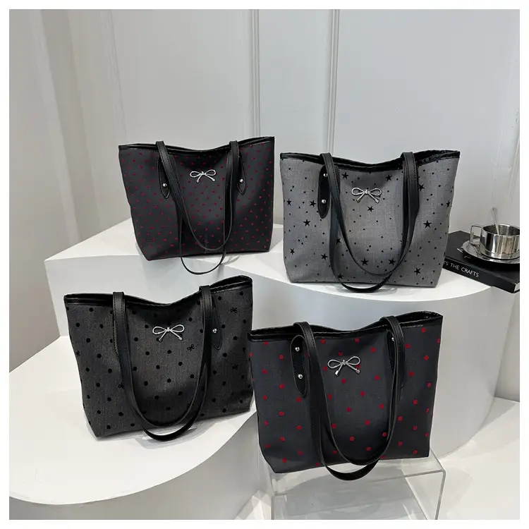 Women's Bow Print Tote Bag Black Large Capacity