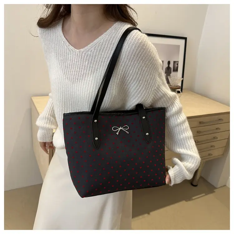 Women's Bow Print Tote Bag Black Large Capacity