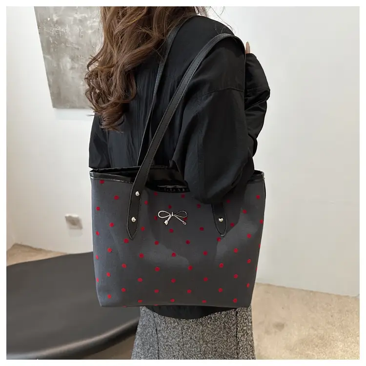 Women's Bow Print Tote Bag Black Large Capacity