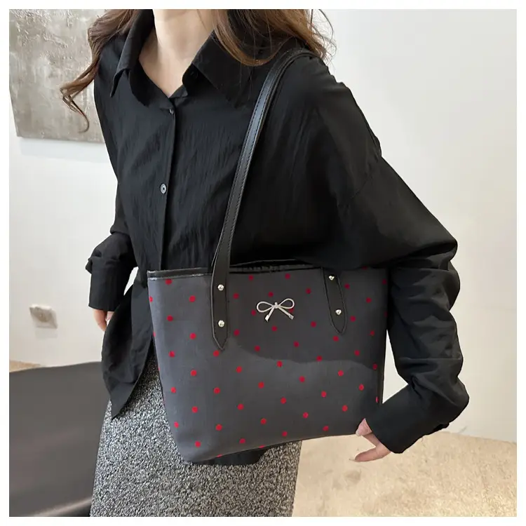 Women's Bow Print Tote Bag Black Large Capacity — feature 12