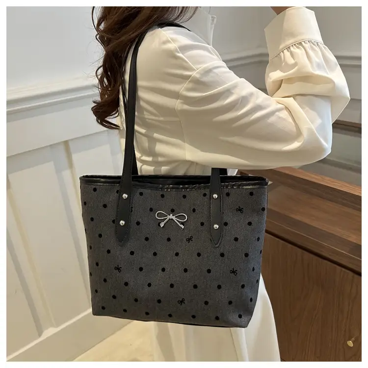 Women's Bow Print Tote Bag Black Large Capacity — feature 14