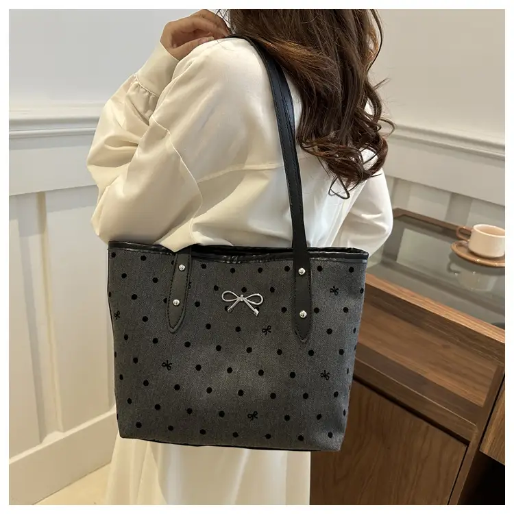 Women's Bow Print Tote Bag Black Large Capacity — feature 15