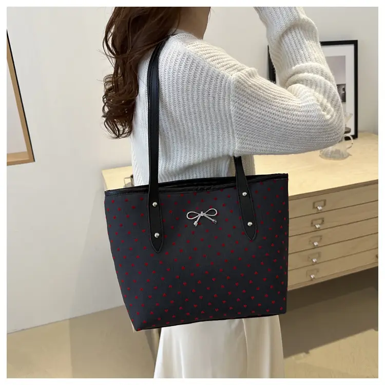 Women's Bow Print Tote Bag Black Large Capacity — feature 16