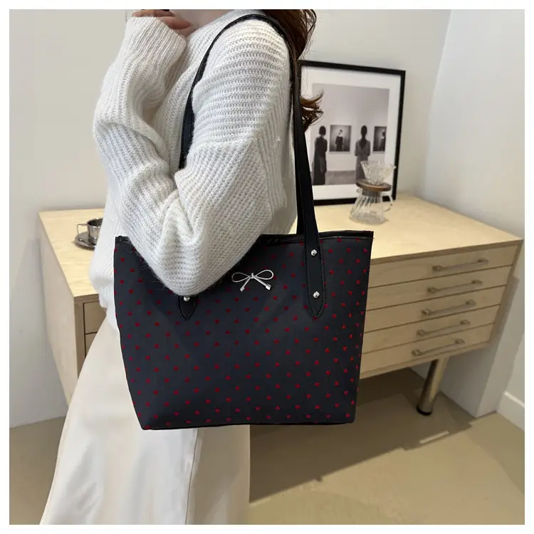 Women's Bow Print Tote Bag Black Large Capacity — feature 17