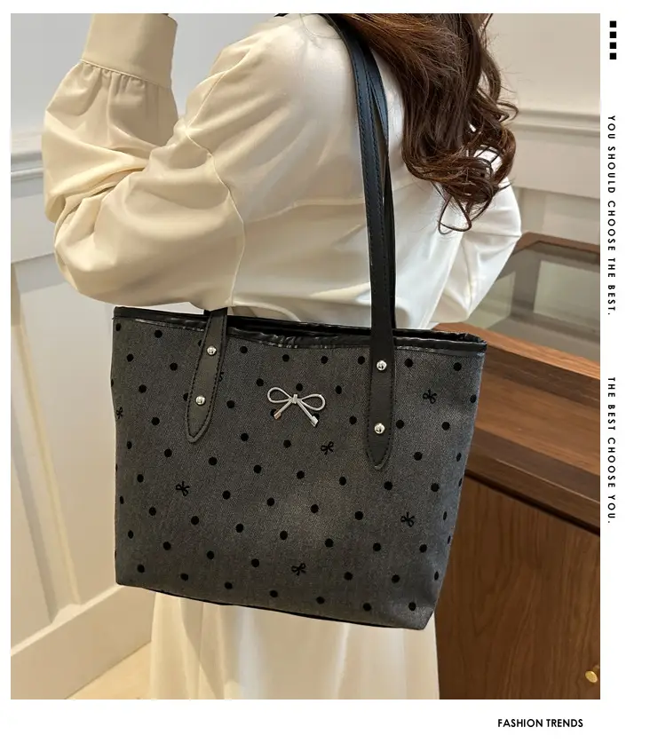 Women's Bow Print Tote Bag Black Large Capacity — feature 2