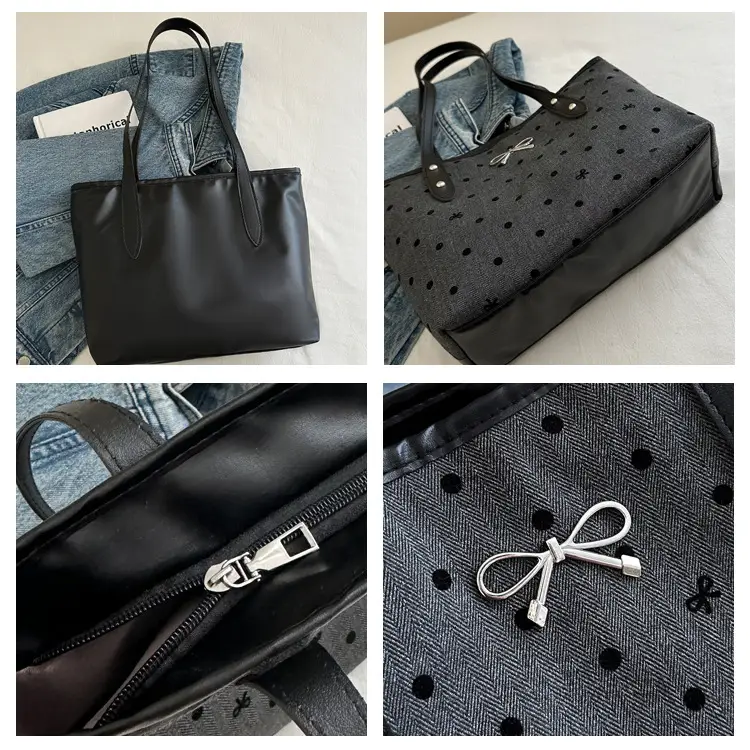 Women's Bow Print Tote Bag Black Large Capacity — feature 9