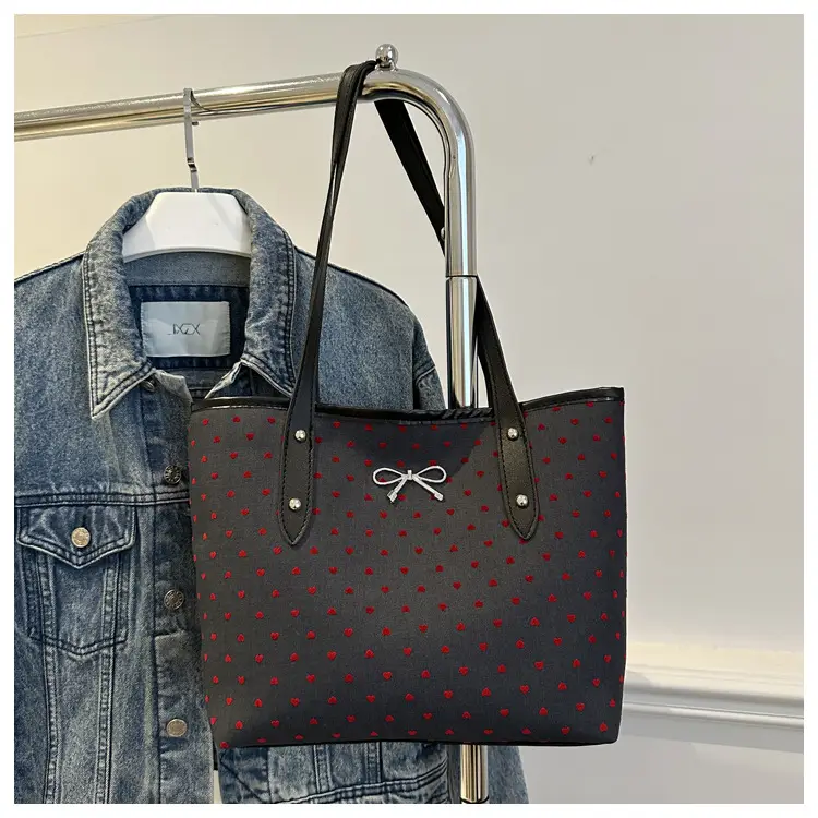 Women's Bow Print Tote Bag Black Large Capacity