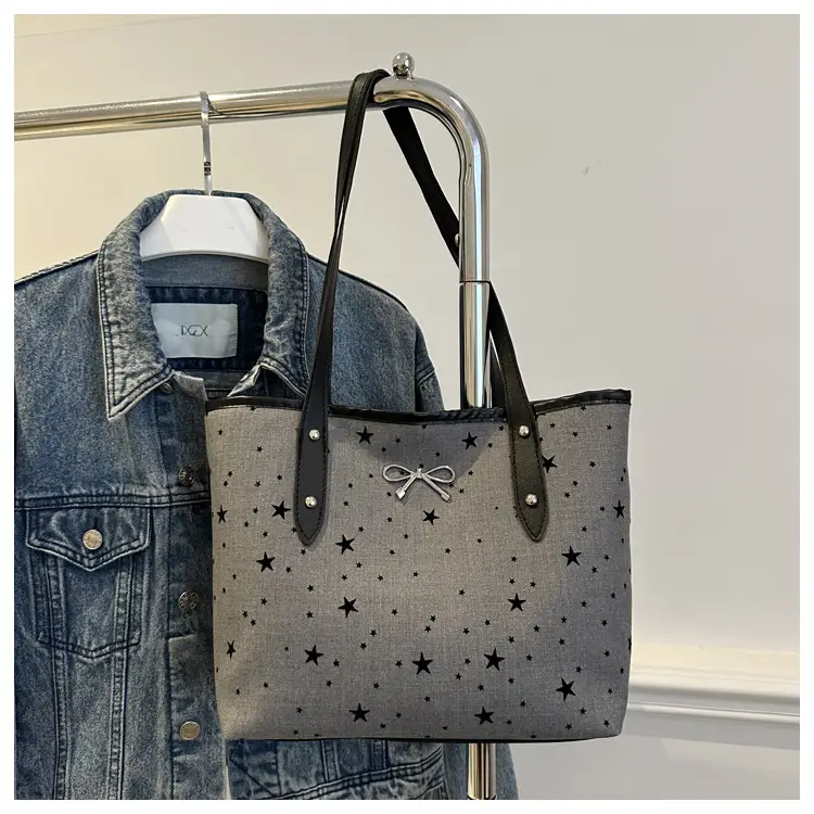 Women's Bow Print Tote Bag Black Large Capacity