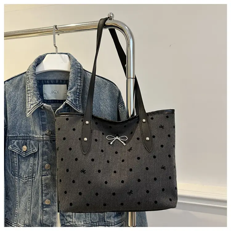 Women's Bow Print Tote Bag Black Large Capacity