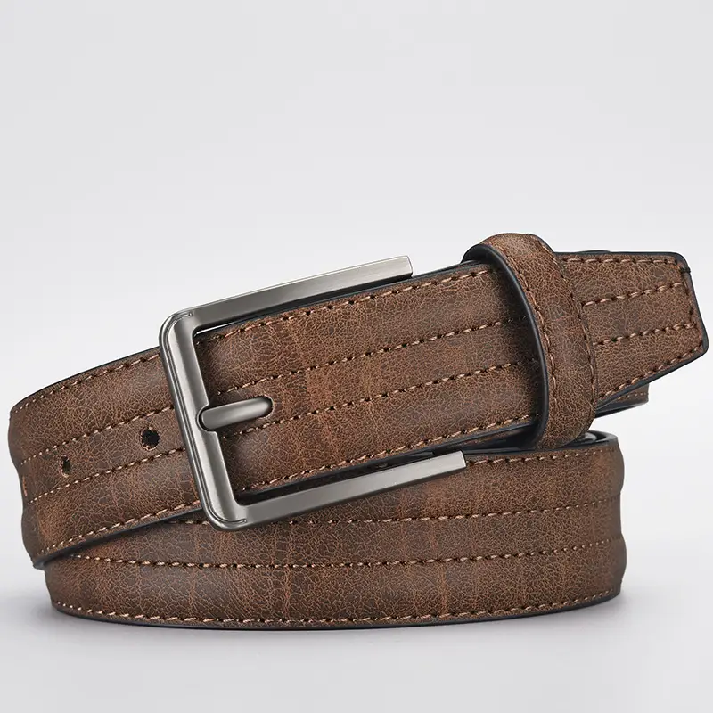 Men's Olive Green Leather Belt with Silver Buckle - Image 6