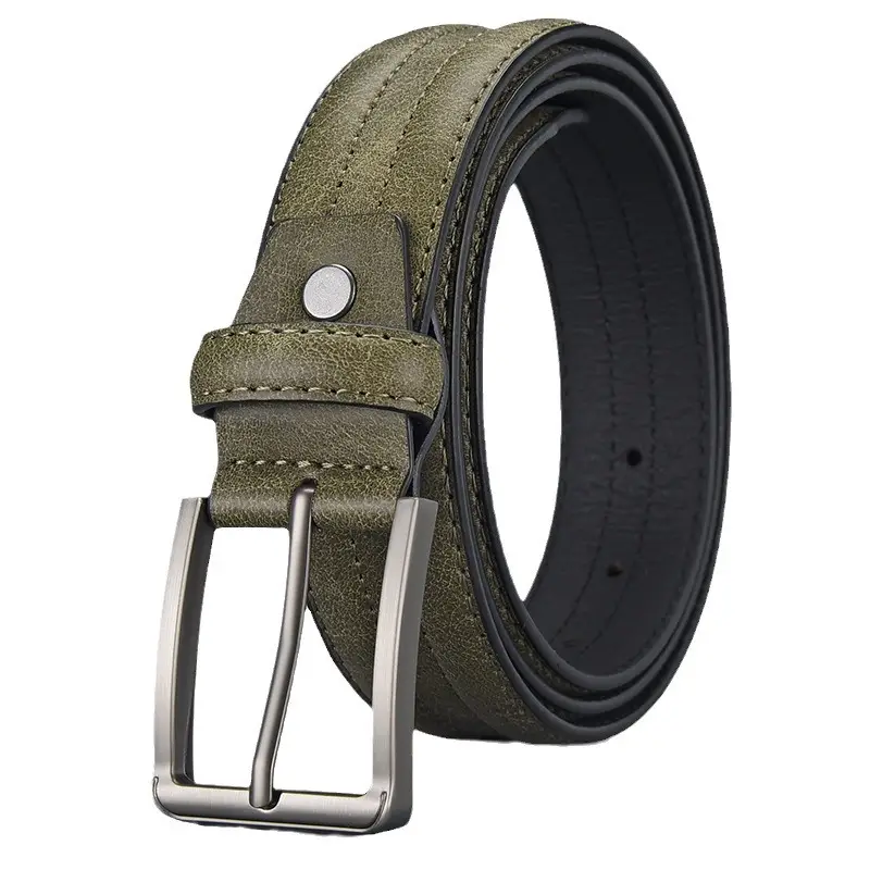 Men's Olive Green Leather Belt with Silver Buckle - Image 9