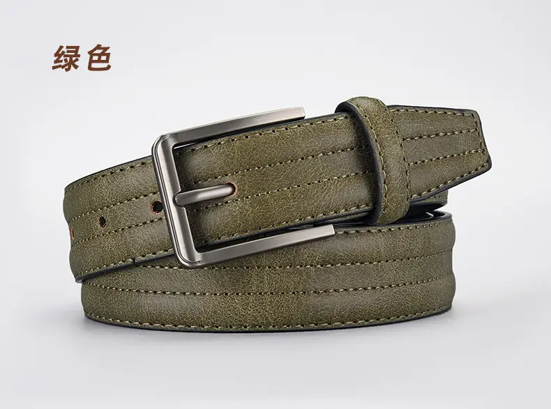 Men's Olive Green Leather Belt with Silver Buckle — feature 7