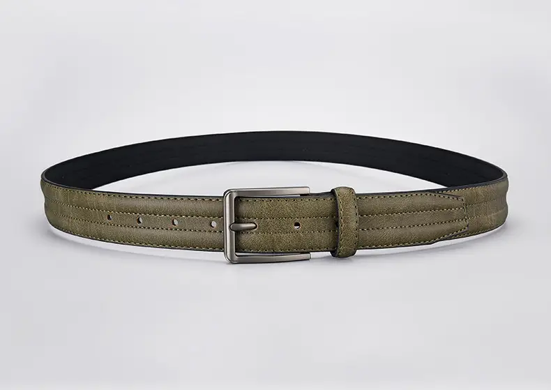 Men's Olive Green Leather Belt with Silver Buckle — feature 8