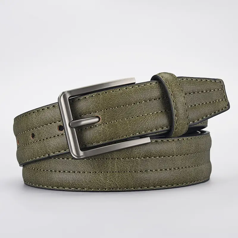Men's Olive Green Leather Belt with Silver Buckle - Image 2