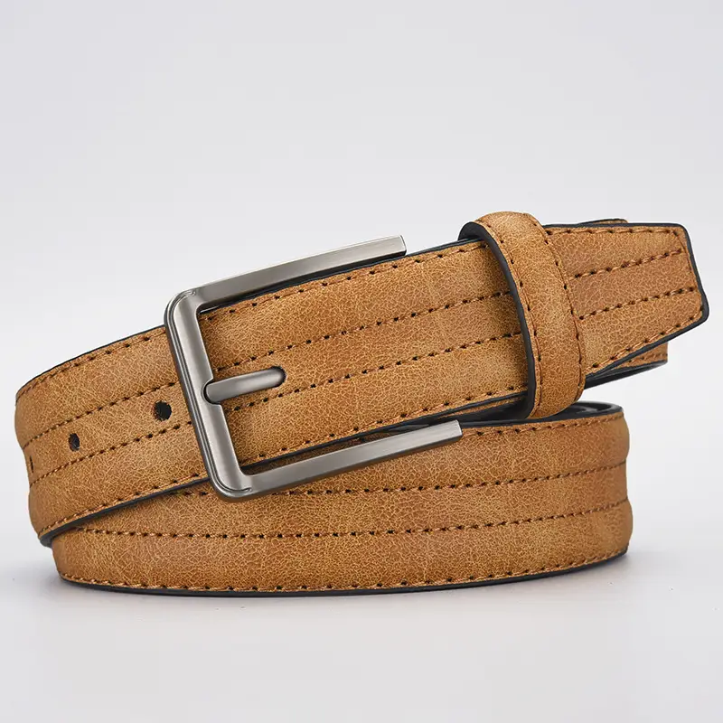 Men's Olive Green Leather Belt with Silver Buckle - Image 4