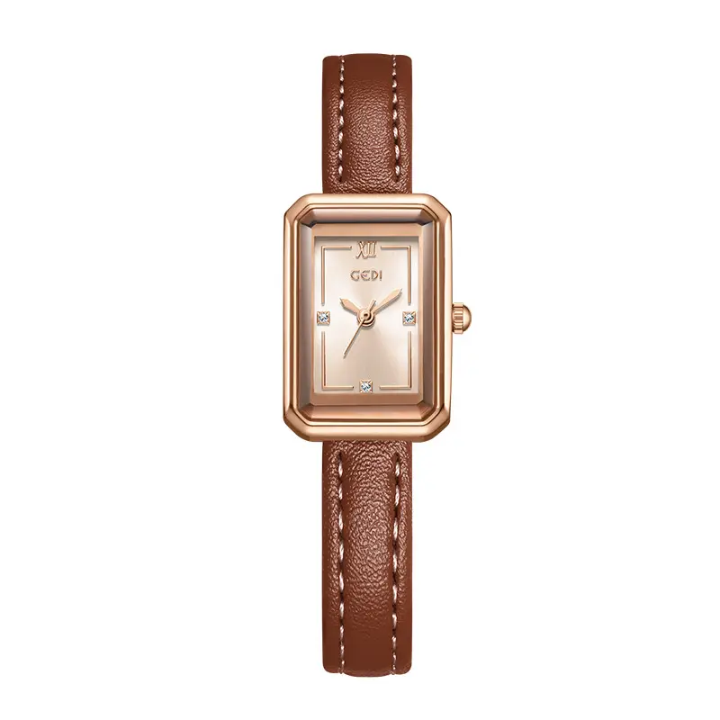 Gold Korean Style Women's Watch with Brown Leather Band