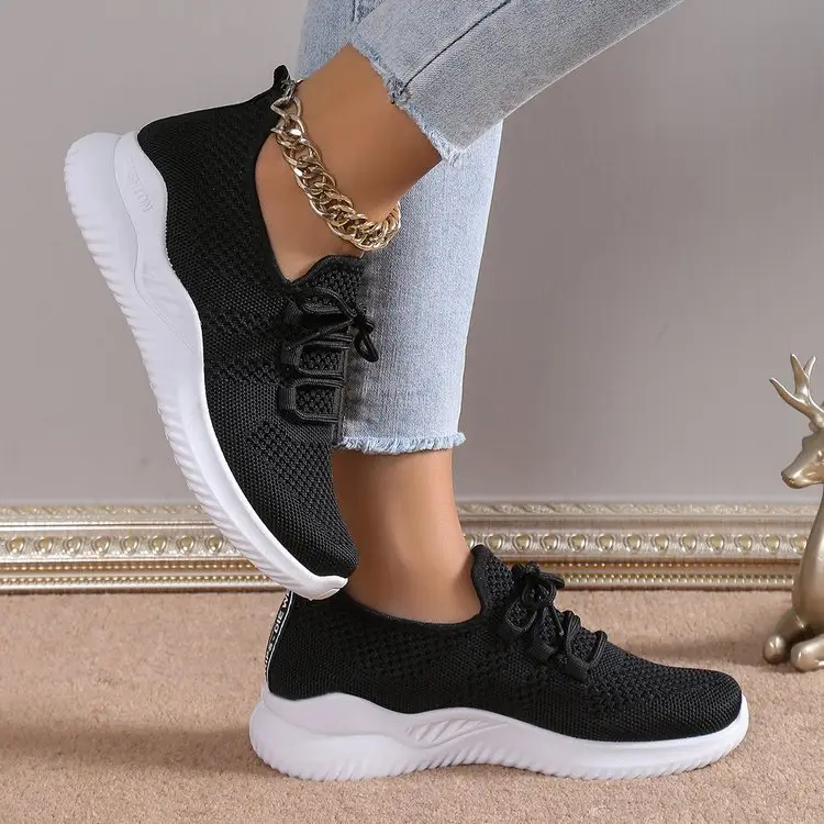 Women's Black Mesh Running Sneakers Low Heel