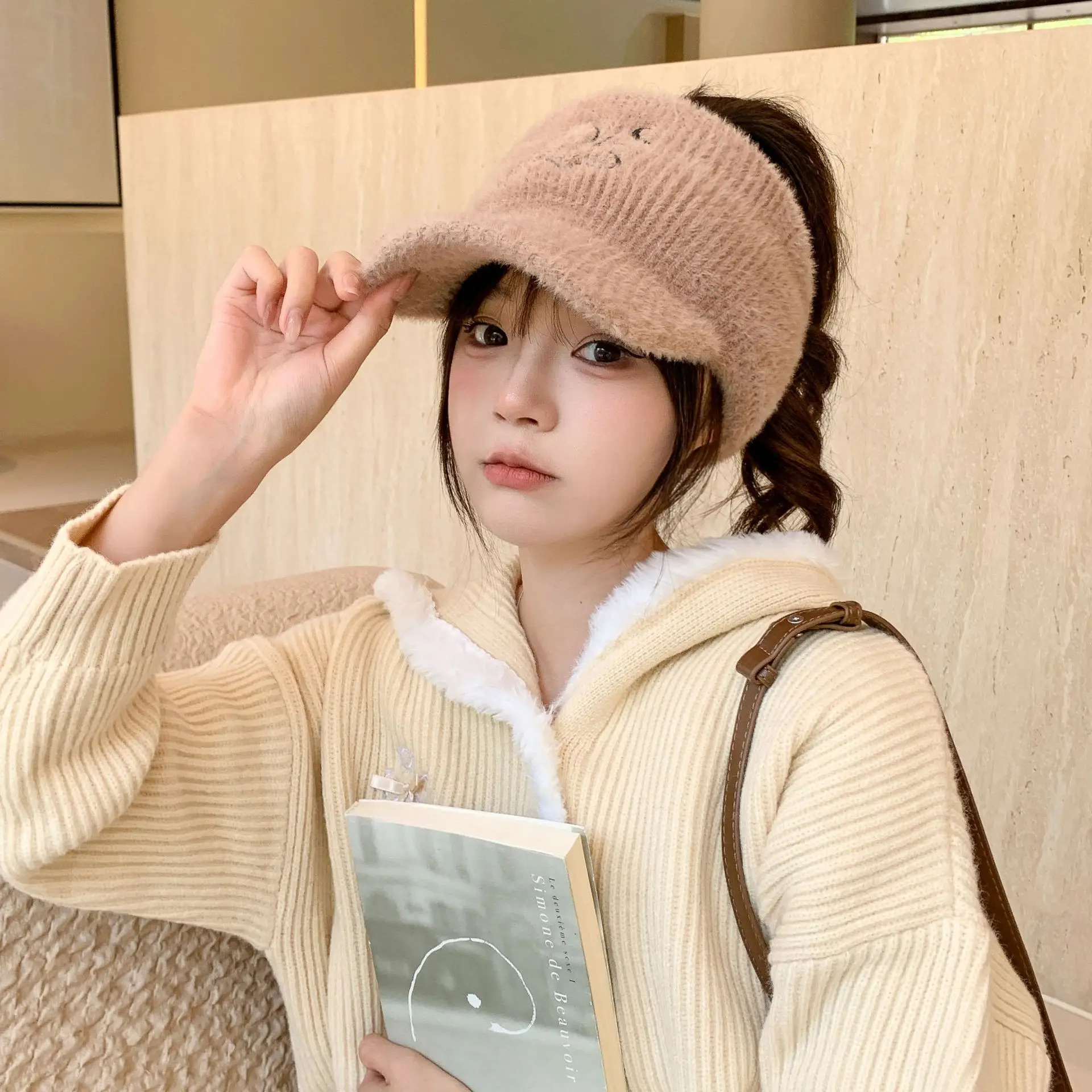 Women Fleece Knitted Winter Hat with Rabbit Ear Design — feature 1