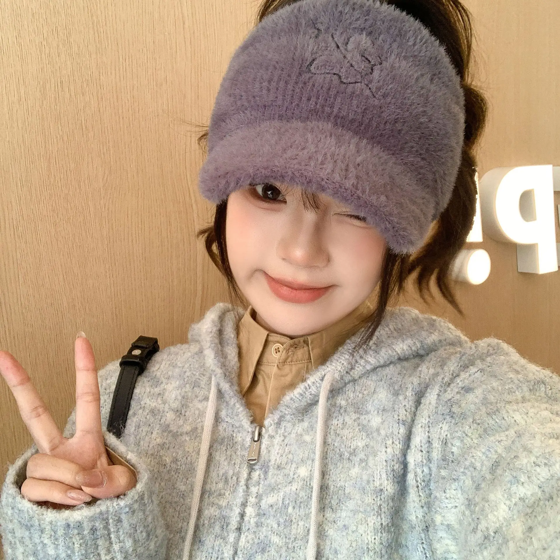 Women Fleece Knitted Winter Hat with Rabbit Ear Design — feature 12