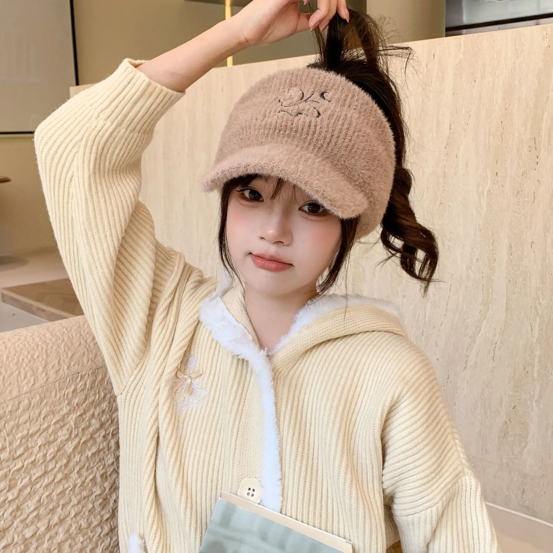 Women Fleece Knitted Winter Hat with Rabbit Ear Design — feature 2