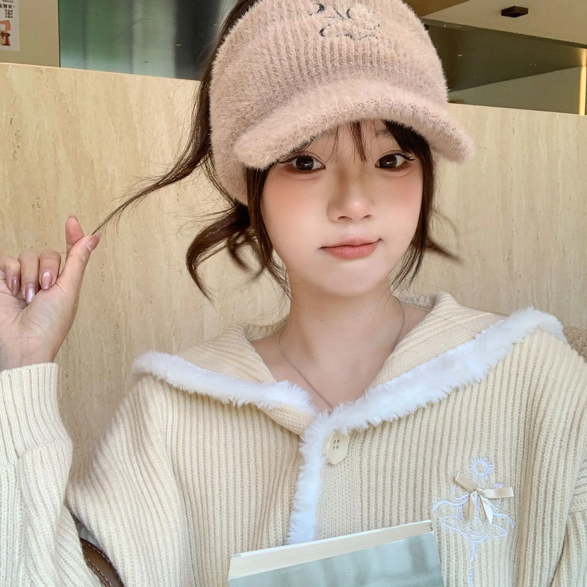 Women Fleece Knitted Winter Hat with Rabbit Ear Design — feature 3