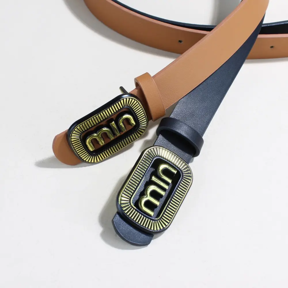Women's Black Leather Belt with Vintage Gold Min Buckle — feature 6