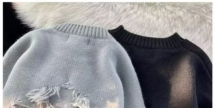 Men's Black Rippled Crewneck Sweater Winter Wear — feature 3