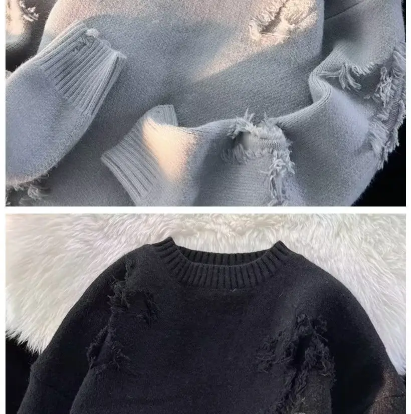 Men's Black Rippled Crewneck Sweater Winter Wear — feature 6