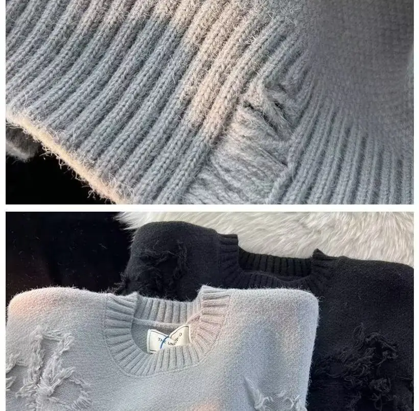 Men's Black Rippled Crewneck Sweater Winter Wear — feature 8