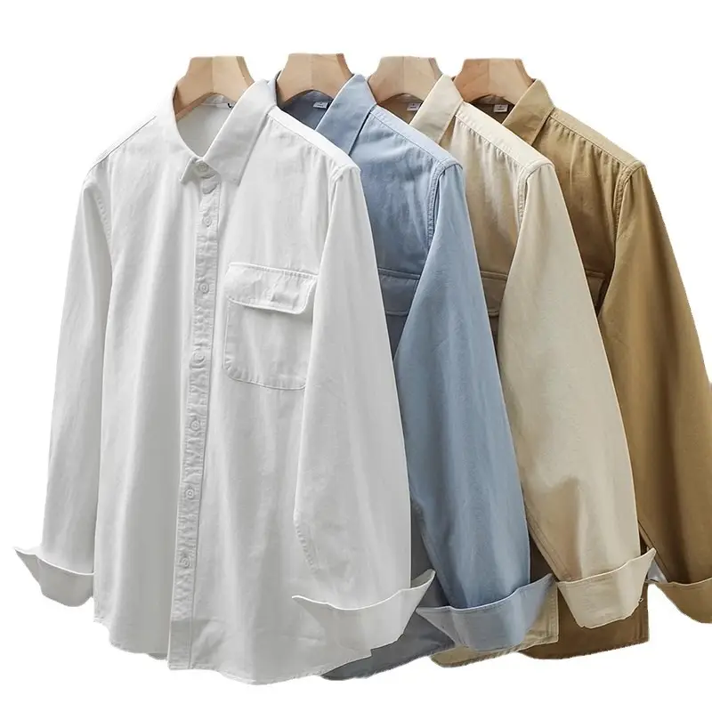 Men's Long Sleeve Pure Cotton White Shirt with Pocket - Image 9