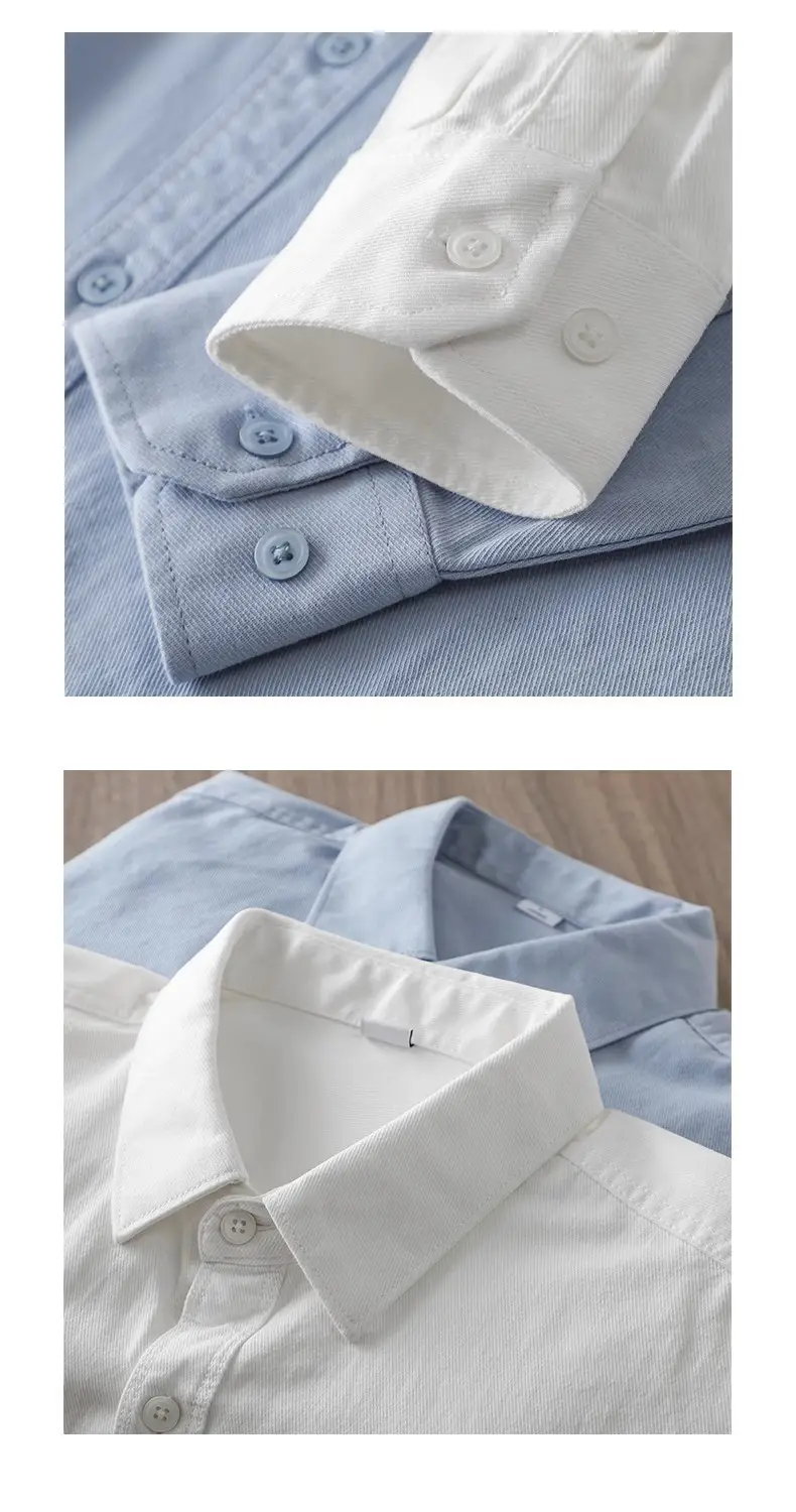 Men's Long Sleeve Pure Cotton White Shirt with Pocket — feature 6