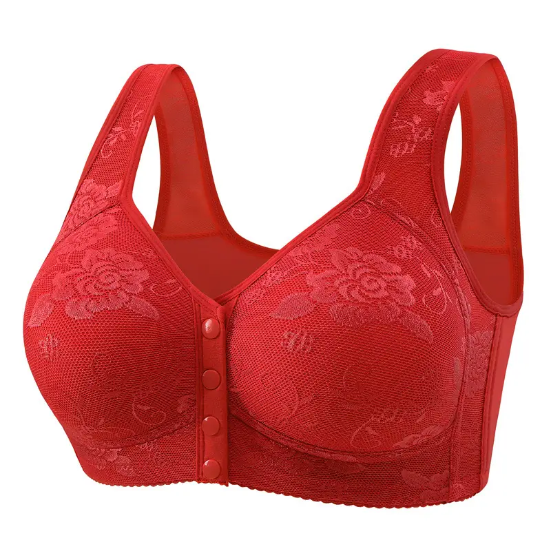 Cross-border front buckle plus size underwear new style no steel ring wide shoulder strap vest type middle-aged and elderly printed plus size bra for women