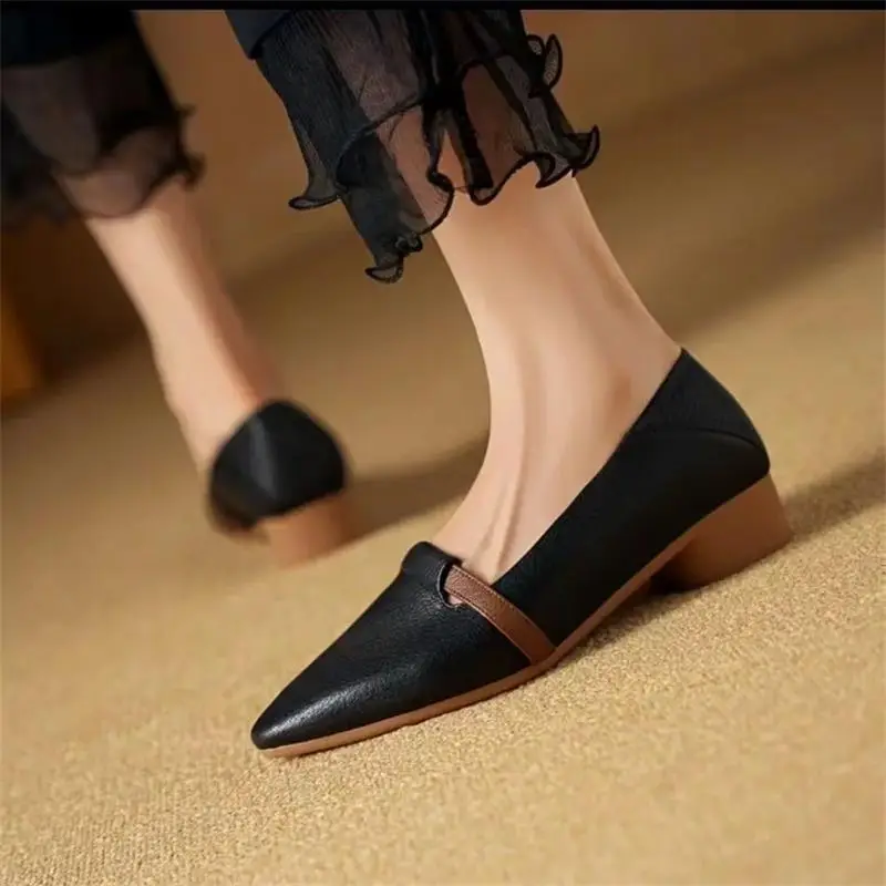 French Style Soft Leather Single-layer Shoes Women's 2024 Autumn New Vintage Pointed Shallow Coarse Heel Leather Shoes Soft Sole Comfortable Milk Shoes