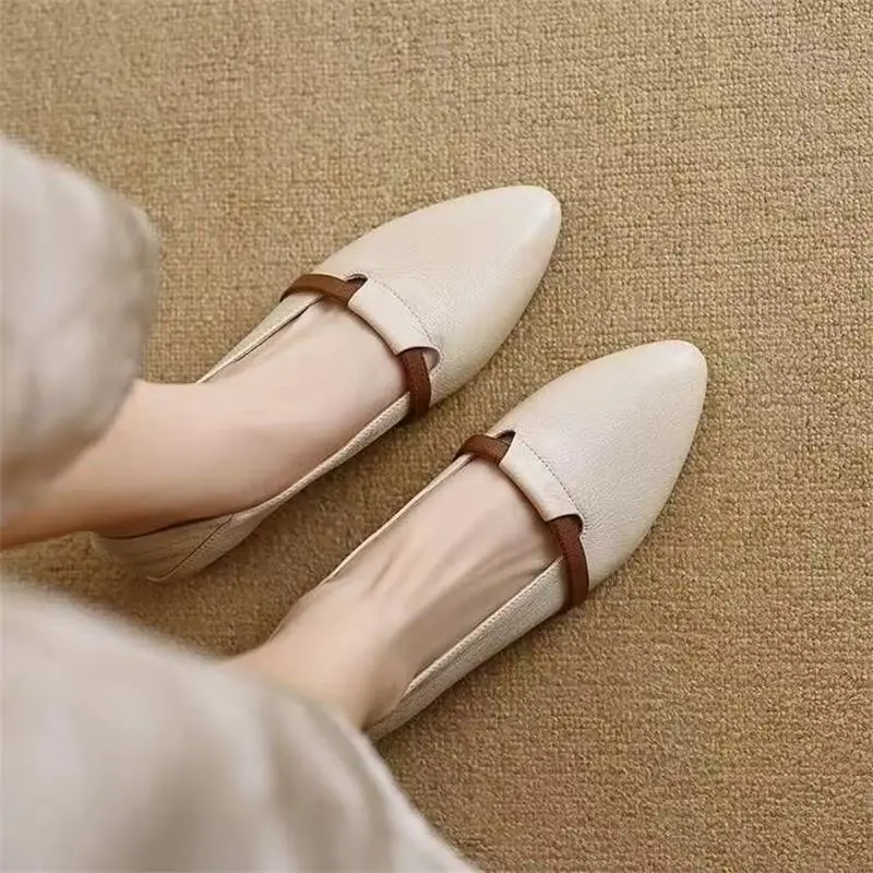 French Style Soft Leather Single-layer Shoes Women's 2024 Autumn New Vintage Pointed Shallow Coarse Heel Leather Shoes Soft Sole Comfortable Milk Shoes